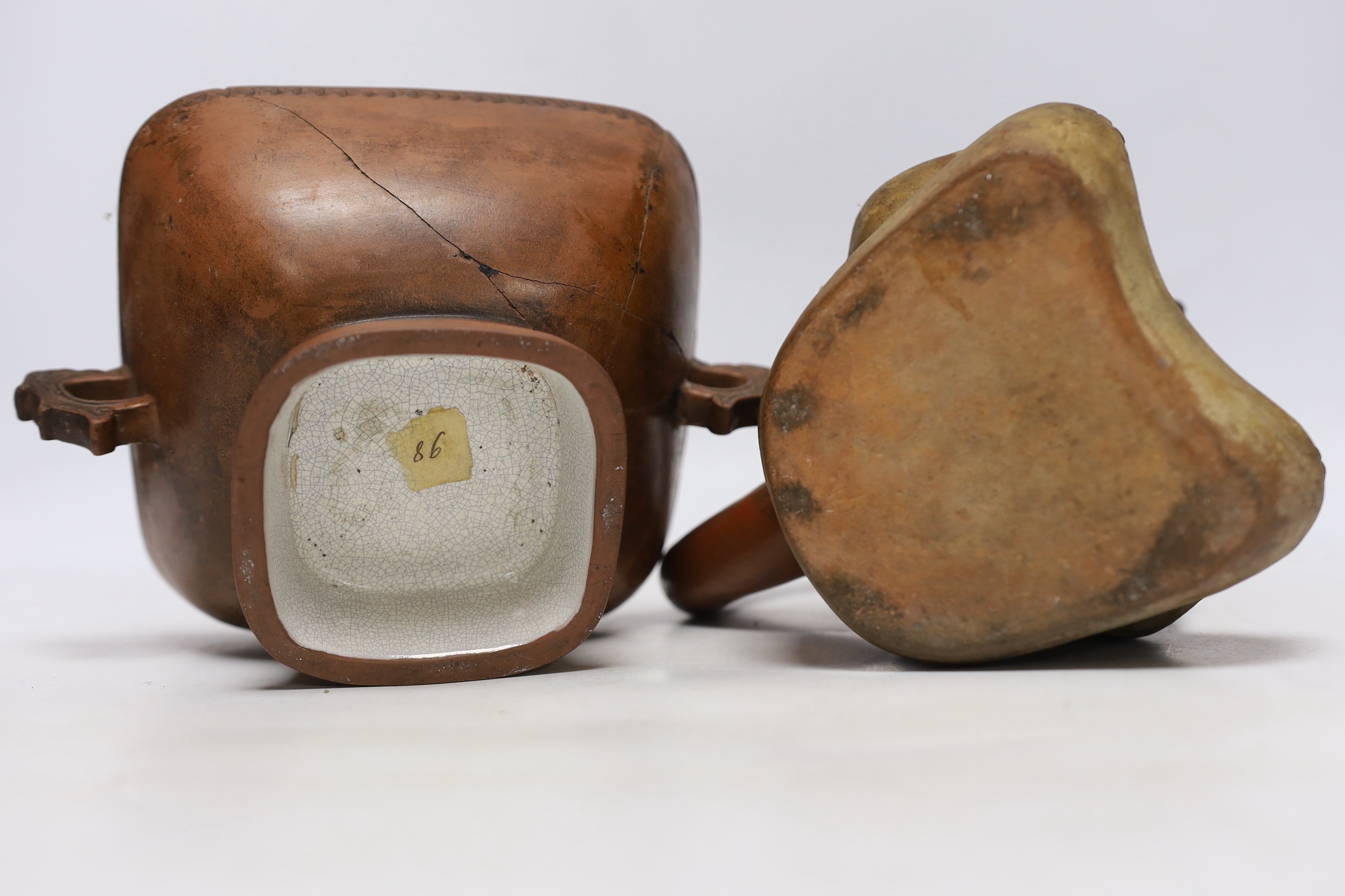 A 19th century Chinese Yixing bowl with character marks and a Peruvian vessel in the form of an owl, largest 22cm high